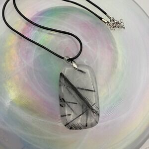 Black Tourmaline in Quartz Pendant Necklace Rectangle‎ Gemstone Boho Jewelry